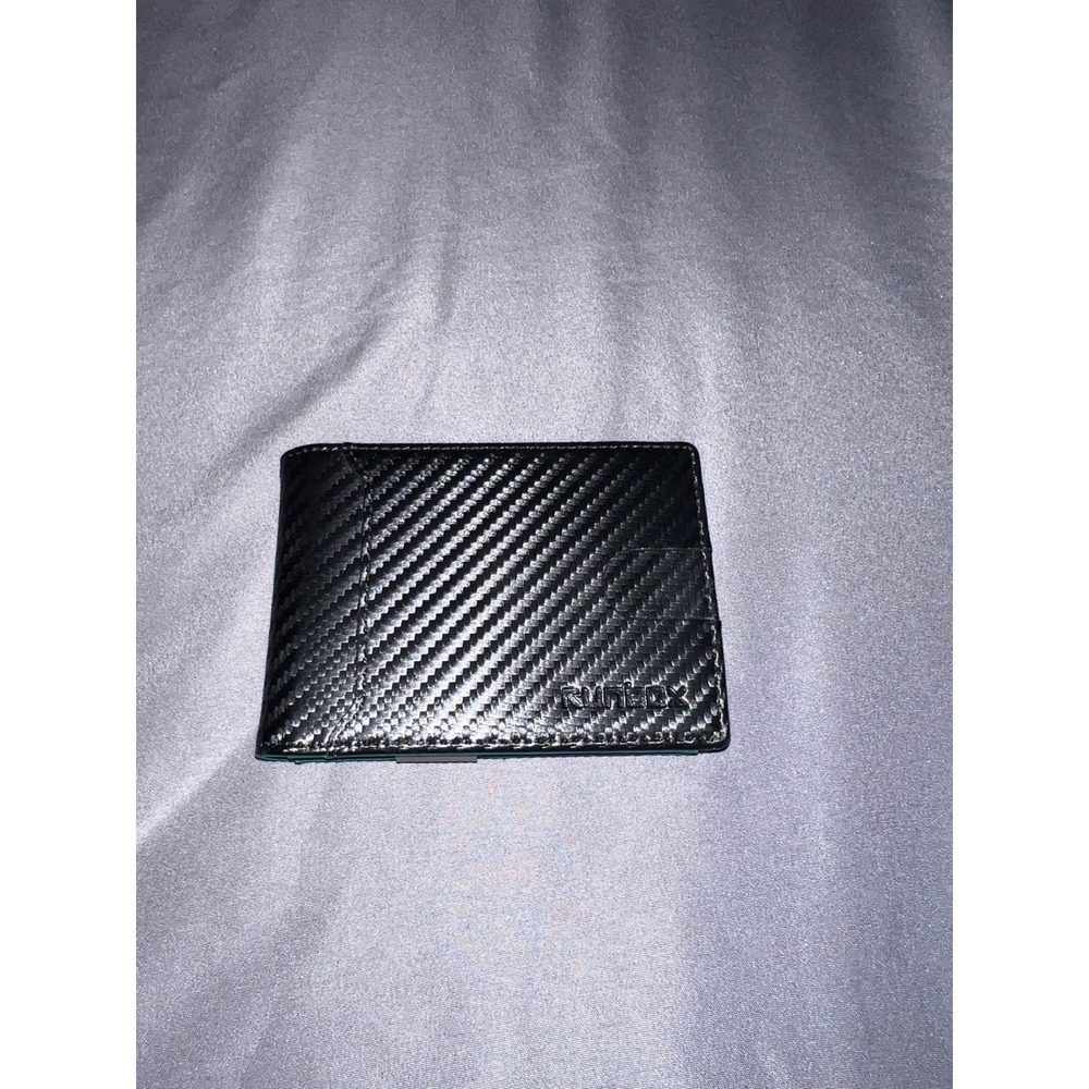 Runbox Mens Slim Bifold Wallet Carbon Fiber Black Teal with Money Clip ID Window